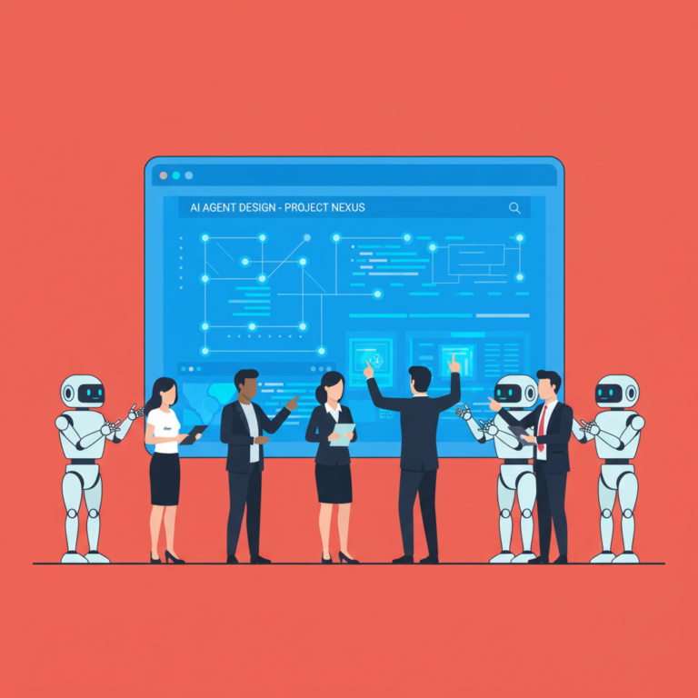 Team and robot co-designing a custom AI agent on a red background.